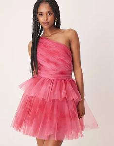 Мини-платье на одно плечо с кружевом и бисером, розовое омбре