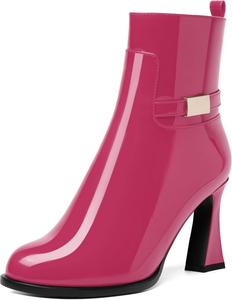 Ботинки NUMALEO Womens Sexy Patent Zip Metal Ankle Strap Night Club Round Toe Block High Heel Ankle High Boots 3.3 Inch, Magenta