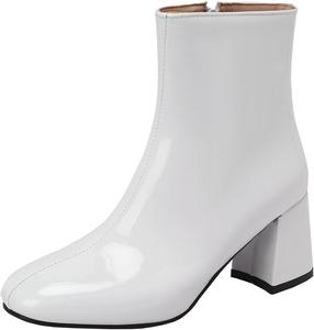 Женские ботинки KysBloes из лакированной кожи с квадратным носком, массивным каблуком, на щиколотку с боковой молнией, зимние ботильоны, Z-White
