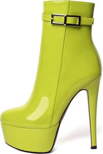 Женские ботильоны WAYDERNS для свиданий с молнией, с круглым носком, модные, лакированные, на платформе, шпилька, высокий каблук 15 см, Yellow Green