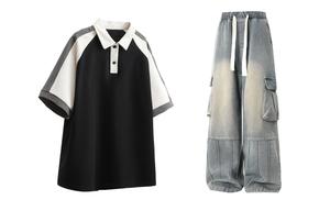 Повседневная спортивная одежда Unisex Lapel Thin X1617, черный top+синий pants