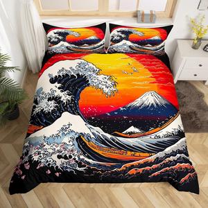 Erosebridal Комплект постельного белья Japanese Ukiyo-E Style с принтом заката над Фудзи и морскими волнами из микрофибры, Black White
