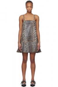 Коричневое леопардовое фольгированное джинсовое мини-платье на бретельках GANNI