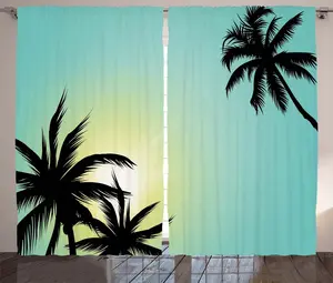 Штора в стиле модерн от ABAKUHAUS, Hawaiian Miami Beach Sun, для спальни, присборенная тесьма с петлями и крючками, 280 x 175 см, цвет "морская пена" (черный) Abakuhaus