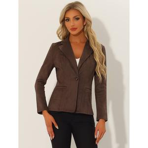 Женский офисный пиджак из искусственной замши с длинными рукавами и пуговицами с зубчатыми лацканами ALLEGRA K, цвет Khaki