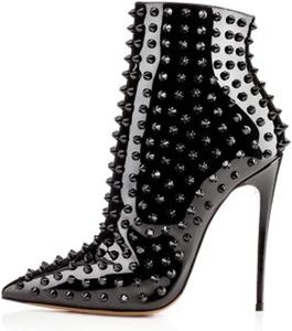 Женские модные ботильоны FSJ на высоком каблуке с заклепками, закрытым заостренным носком, шпильки, молния, осенне-зимняя обувь, размеры 4-15 М US, Black Patent