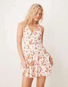 Мини-платье ASOS DESIGN с бретелью через шею и подолом годе с принтом чили