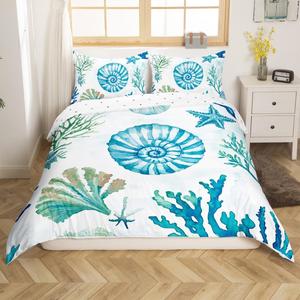 Erosebridal Комплект постельного белья Nautical Duvet Cover с водным ботаническим принтом из морской жизни, Blue Green