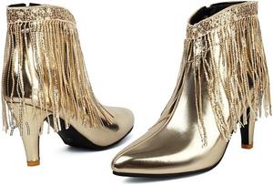 BLXQPYT Женские кожаные ботильоны на высоком каблуке с острым носком в западном стиле, золотые и серебряные с кисточками и пайетками, модные ботинки с боковой молнией