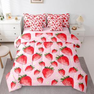 Erosebridal Комплект постельного белья Pink Strawberry Full Size с цветочным принтом и клубничным узором для детей, Pink