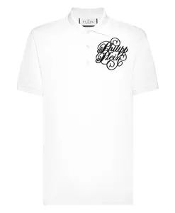 Футболка-Поло с коротким рукавом, украшенная камнями, курсивным шрифтом. Philipp Plein, белый
