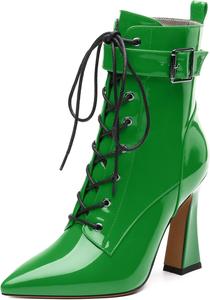 Женские ботильоны на шнуровке с острым носком и высоким каблуком, с боковой молнией, модные однотонные короткие ботинки для женщин RLYGHWAO, Green Patent