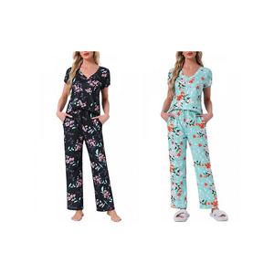 2 комплекта женской пижамы с V-образным вырезом, коротким рукавом и брюками на шнурке Inspire Chic, Blackfloral Bluefloral