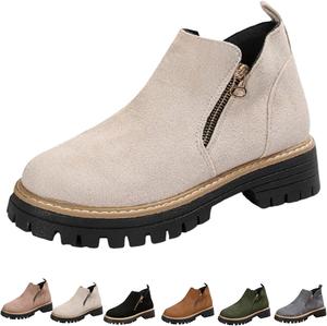 Женские ботильоны на низком каблуке, женские ботильоны на массивном каблуке, замшевые удобные с платформой, с рифленой подошвой и круглым носком, повседневные винтажные туфли с боковой молнией Generic, Beige