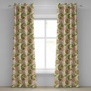 Шторы на люверсах ABAKUHAUS в азиатском стиле с экзотической листвой и бабочками, эффектом акварельных мазков кисти, винтажные, декоративные, двухпанельные, 280 см x 260 см, светло-зеленые Abakuhaus