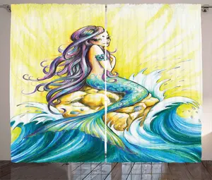 Штора ABAKUHAUS Русалка в деревенском стиле, Фантастическая женщина на скалах, универсальная ленточная штора для гостиной с петлями и крючками, 280 x 175 см, цвет синий, желтый, фиолетовый Abakuhaus