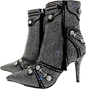 Женские туфли-ботильоны Frankie Hsu с высокими каблуками-шпильками, сексуальные и стильные, летние, черная замша с серебряными заклепками и стразами, модный роскошный дизайн, большие размеры US4-15 для женщин и мужчин