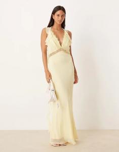 Платье-комбинация миди из шифона ASOS DESIGN с кружевными вставками лимонного цвета