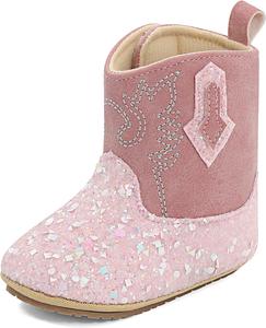 Детские ботинки ESTAMICO для девочек с вышивкой в стиле вестерн, ковбойские ботиночки для младенцев с пайетками, кожаные с круглым носком, на щиколотку, на липучках, Pink