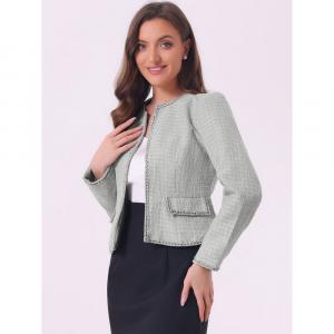 Женский короткий пиджак из твида в клетку с открытой передней частью ALLEGRA K, зеленый