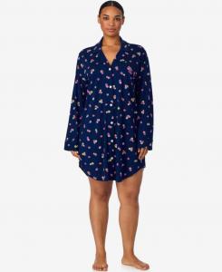 Женская ночная рубашка больших размеров с длинными рукавами и воротником с вырезом Lauren Ralph Lauren, Navy Prt