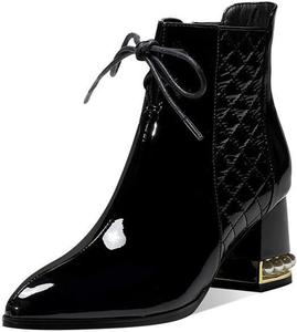 Женские короткие зимние ботинки YDYCG, ботильоны из микрофибры и кожи, свадебные туфли с заостренным носком и устойчивым каблуком (Цвет: черный, Размер обуви: 6.5)