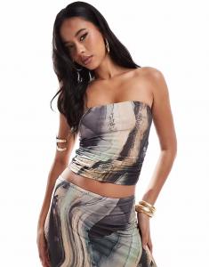 Топ без бретелек ASOS DESIGN из обтягивающей ткани с принтом цвета землистого мрамора, коорд