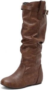 Свободные женские высокие сапоги до колена, на молнии сбоку, осень, зима, ковбойские сапожки в западном стиле для женщин, мягкая искусственная кожа, округлый носок, низкий каблук Generic, Schnalle, Dunkelbraun