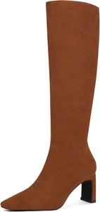 Женские высокие сапоги MUCCCUTE до колена с массивным каблуком, квадратным носком и боковой молнией, сапоги на осень, Brown Suede-Chunkyheel