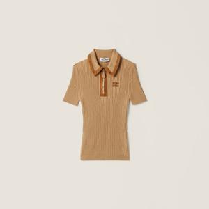 Кашемировый поло-свитер в рубчик MIU MIU, песочный бежевый