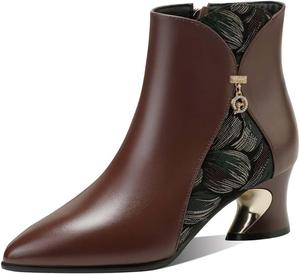 Женские ботильоны TinaCus из натуральной кожи, ручная работа, с подвеской, боковой молнией, заостренным носком и массивным каблуком, Brown