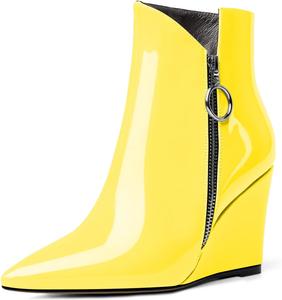 Женские ботильоны Eldof на танкетке с острым носком и молнией, короткие ботинки на каблуке 3,5 дюйма для ходьбы, Patent Yellow