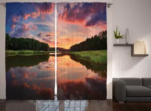 Шторы ABAKUHAUS Лесной деревенский, Живописная панорама, универсальные ленточные шторы для гостиной с петлями и крючками, 280 x 245 см, кораллово-зеленый, синий Abakuhaus