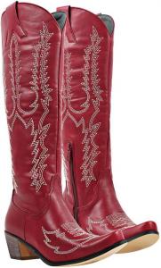 Женские ковбойские сапоги Yolkomo, красные вестерн сапоги для ковбойш, заостренный носок, средняя голень, до колена