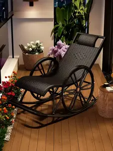 Fantasy Кресло-качалка из ротанга, двойного назначения для сидения и сна, черное, усиленная модель с подлокотниками