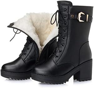 JLFZC Женские зимние ботинки, средние сапоги с плюшевой подкладкой для улицы, работы и прогулок, черные A-39/UK 6/US 8