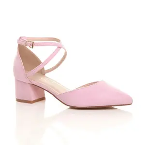 Туфли на среднем каблуке из искусственной замши с перекрещенными ремешками, острый носок, 2 части каблука AJVANI, розовый