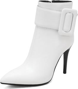 Женские ботильоны с заостренным носком, боковой молнией, каблуком-стилето, короткие байкерские ботинки с пряжкой, зимние нарядные ботинки, сексуальная обувь для прогулок Generic, White