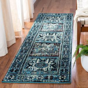 Ковер-дорожка SAFAVIEH, 69 x 366 см, коллекции Vintage Hamadan, Light Blue & Black, традиционный восточный дизайн, не линяет и прост в уходе, идеален для помещений с высокой проходимостью в гостиной, спальне (VTH213M)