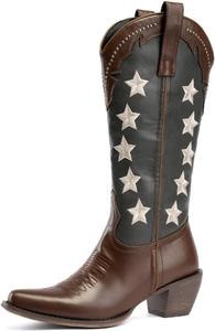 Женские ковбойские сапоги до колена в западном стиле для женщин, ковбойские сапоги до середины голени с цветочной вышивкой, заостренным носком и массивным каблуком 2,5", женские сапоги в западном стиле Peiyaqian, Brown#12