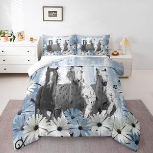 Erosebridal Комплект постельного белья Horse с принтом лошадей в стиле граффити омбре и цветами маргариток, светло-голубой, фермерский декор, White Light Blue Grey