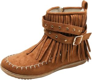 Женские замшевые ботильоны с бахромой, круглый носок, плоская подошва, зимние теплые западные бохо-босоножки для женщин, винтажные повседневные ботильоны с широким круглым носком, модные уличные короткие ботинки с молнией Baimiu, A-Brown