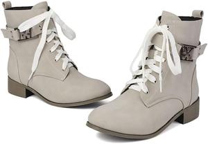 Женские боевые ботинки на шнуровке с низким каблуком и круглым носком, удобные ботильоны BLXQPYT, Apricot