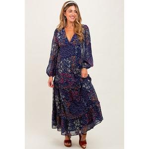 Длинное платье-макси из шифона с цветочным принтом и V-образным вырезом, с длинными рукавами, для беременных. Pinkblush, Navy Blue