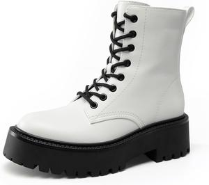 Женские платформенные ботинки на шнуровке DREAM PAIRS с модным дизайном, короткие с глубоким протектором и боковой молнией, White