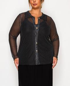 Топ большого размера в горошек из сетчатой ткани с пуговицами спереди, с длинными рукавами COIN 1804, Black, White