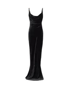Длинное бархатное платье с украшенными бретелями Balmain, черный