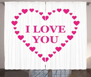 Штора ABAKUHAUS Любовь в деревенском стиле, романтическое сердце, рисунок Я люблю тебя, универсальные ленточные шторы для гостиной с петлями и крючками, 280 x 225 см, белый с розовым Abakuhaus