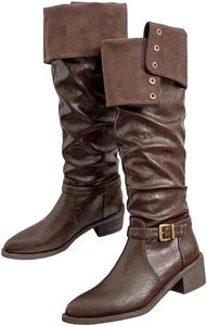 Женские винтажные высокие ботинки с зауженным носком, с пряжкой, на широком каблуке, длинные ботильоны, уличный стиль, осень-зима Generic, Brown