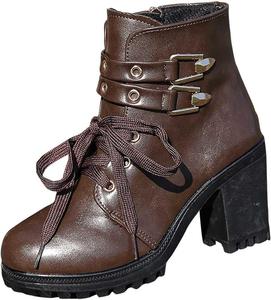 Женские ботильоны на шнуровке с пряжкой, вестерн-стиль, массивный высокий каблук, подошва с протектором, осенне-зимние ботинки с боковой молнией Generic, Coffee